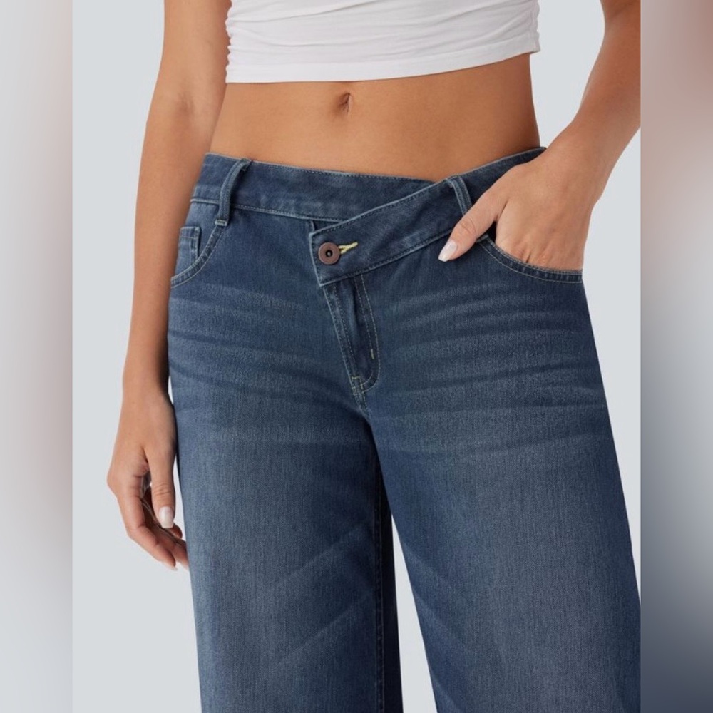 HALARA Asymmetric Dark Blue Stretch Denim Wide Leg Jeans Women’s XL Reg NWT - Picture 3 of 12